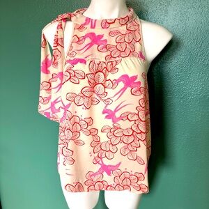 Anthropologie Maeve Elata Blouse Tank Top Bird Leaf Print Pink Red Halter Bow